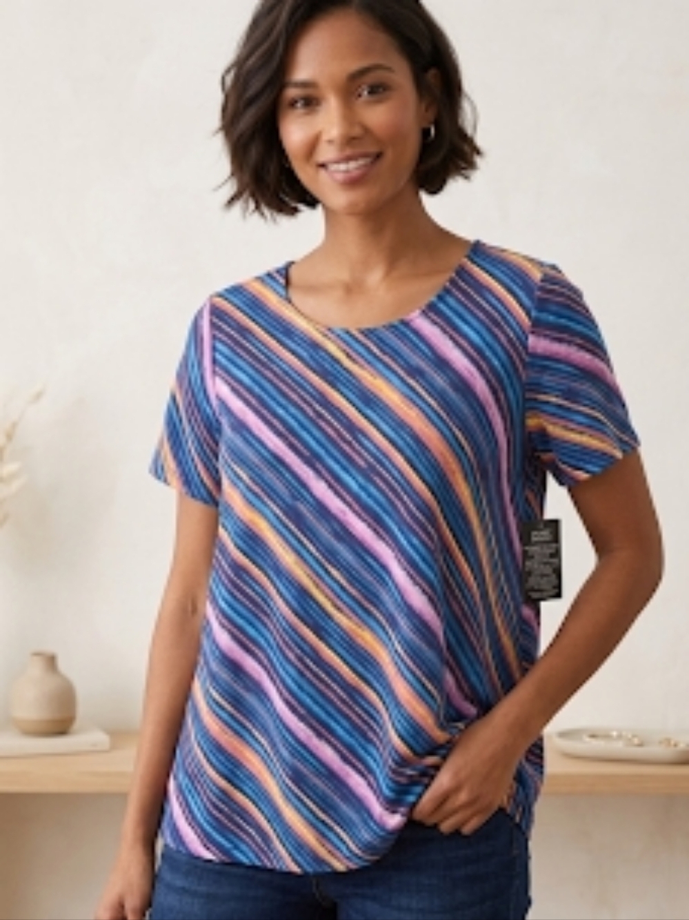 Roaman's Vibrant Striped Swing Keyhole Back Top - Sz L